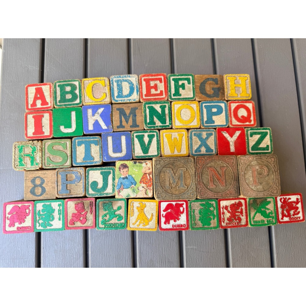 Vintage Wooden Alphabet Blocks Lot Disney Characters Mickey Dumbo RARE BD